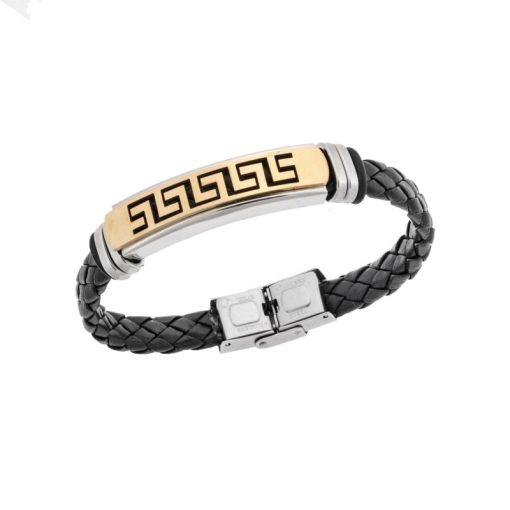 Βραχιόλι Senza Men's Steel, Ατσάλι με μαίανδρο και μαύρη δερματίνη