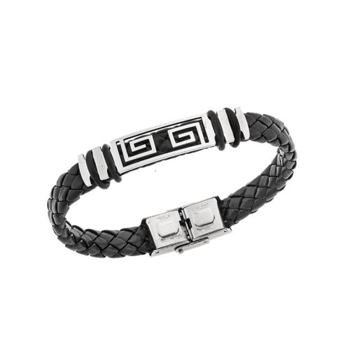Βραχιόλι Senza Men's Steel, Ατσάλι με διπλό μαίανδρο και μαύρη δερματίνη