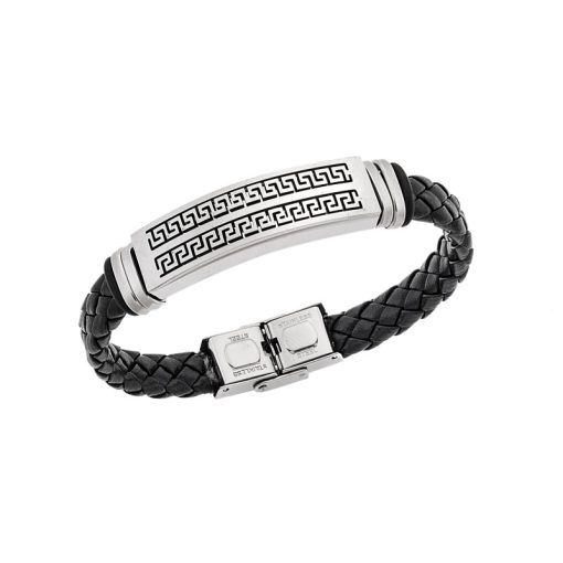 Βραχιόλι Senza Men's Steel, Ατσάλι με διπλή σειρά μαίανδρο και μαύρη δερματίνη