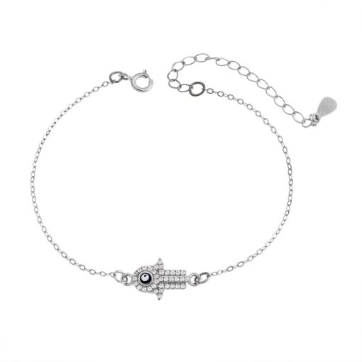 Βραχιόλι Senza Silver 925, επιπλατινωμένο Hamsa με ζιργκόν πέτρες