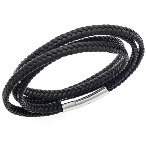 Βραχιόλι Senza Men's Steel Black Leather Strap