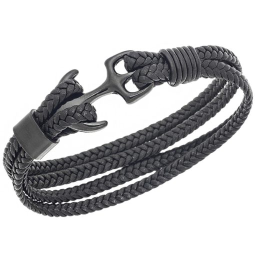 Βραχιόλι Senza Men's Steel Black Leather Strap