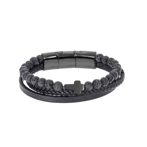 Βραχιόλι Senza Men's Steel Black Leather Strap with Black Cross