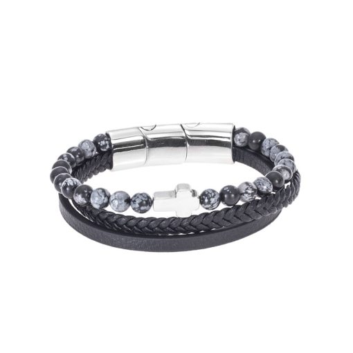 Βραχιόλι Senza Men's Steel Black Leather Strap with Cross