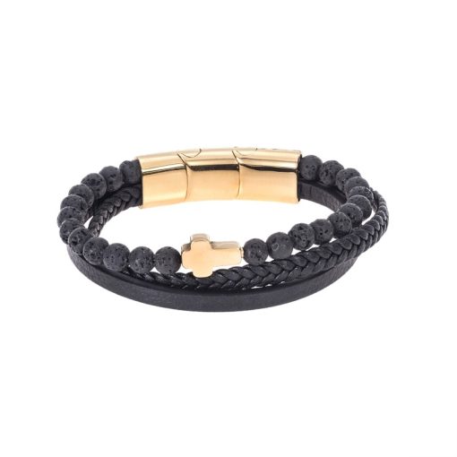 Βραχιόλι Senza Men's Steel Black Leather Strap with Gold Cross