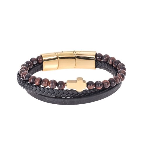 Βραχιόλι Senza Men's Steel Brown Leather Strap with Cross