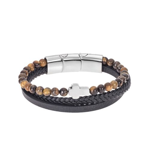 Βραχιόλι Senza Men's Steel Brown Leather Strap with Cross