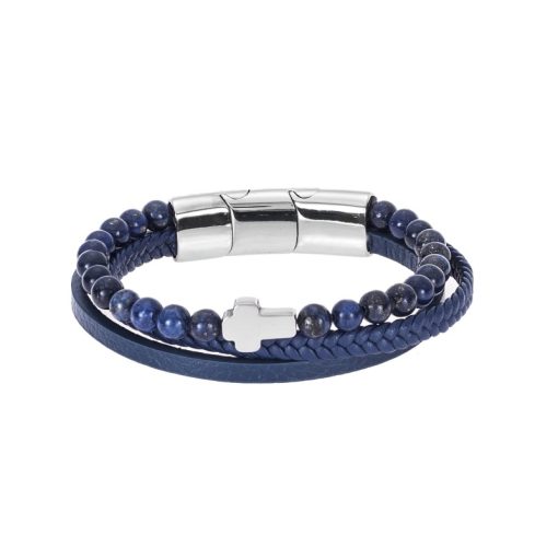 Βραχιόλι Senza Men's Steel Blue Leather Strap with Cross