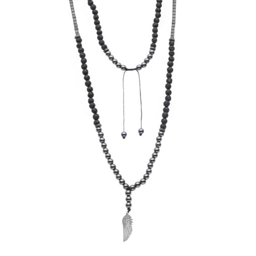 Κολιέ-Ροζάριο Unisex Senza Hematite & Lava Stones with Steel