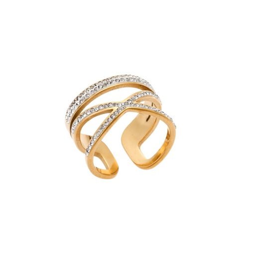 Δαχτυλίδι Senza Gold Plated Steel, φαρδύ με λευκές πέτρες