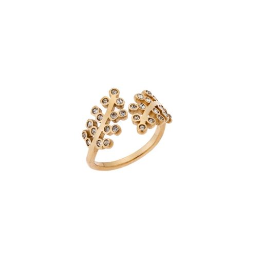 Δαχτυλίδι Senza Gold Plated Steel, φυλλαράκι με λευκές πέτρες