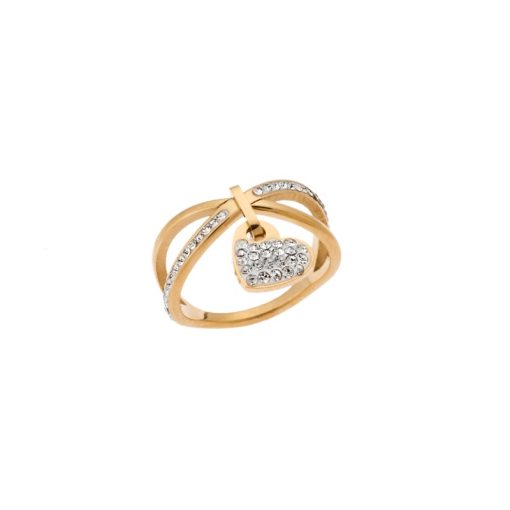 Δαχτυλίδι Senza Gold Plated Steel, με λευκές πέτρες και κρεμαστή καρδιά
