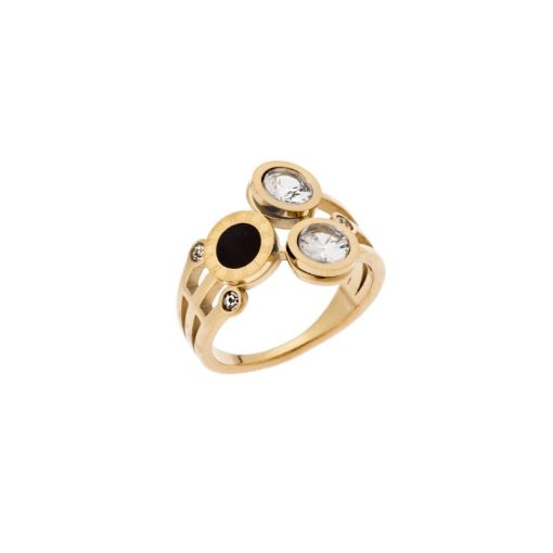 Δαχτυλίδι Senza Gold Plated Steel, κύκλοι με στρας και μαύρη πλάκα