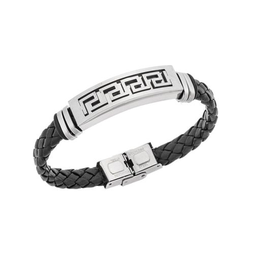Βραχιόλι Senza Men's Steel, Ατσάλι με μαίανδρο και μαύρη δερματίνη