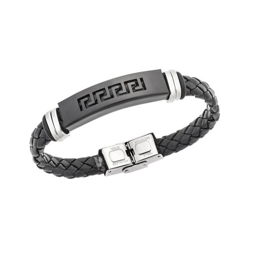 Βραχιόλι Senza Men's Steel, Ατσάλι με μαίανδρο και μαύρη δερματίνη