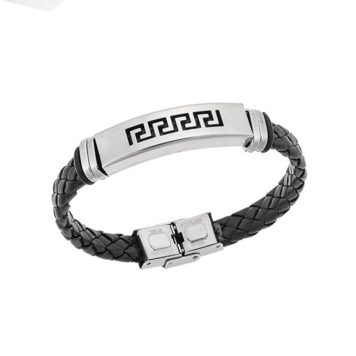 Βραχιόλι Senza Men's Steel, Ατσάλι με μαίανδρο και μαύρη δερματίνη