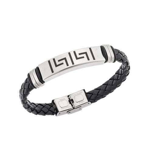 Βραχιόλι Senza Men's Steel, Ατσάλι με μαίανδρο και μαύρη δερματίνη