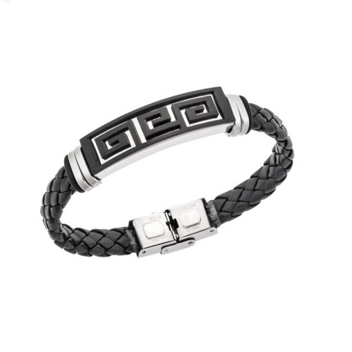 Βραχιόλι Senza Men's Steel, Ατσάλι με μαίανδρο και μαύρη δερματίνη