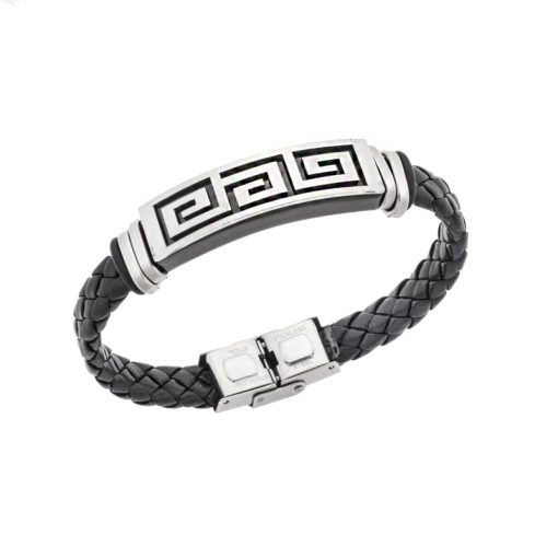 Βραχιόλι Senza Men's Steel, Ατσάλι με μαίανδρο και μαύρη δερματίνη