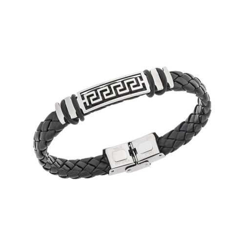 Βραχιόλι Senza Men's Steel, Ατσάλι με μαίανδρο και μαύρη δερματίνη