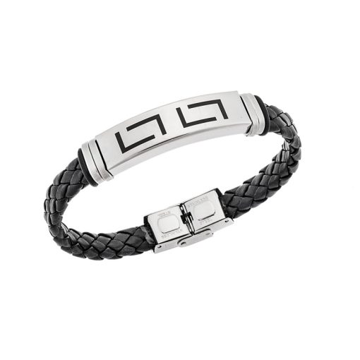 Βραχιόλι Senza Men's Steel, Ατσάλι με μαίανδρο και μαύρη δερματίνη