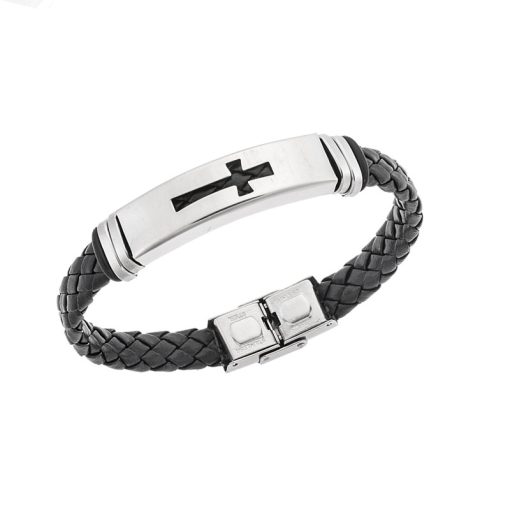 Βραχιόλι Senza Men's Steel, Ατσάλι με σταυρό και μαύρη δερματίνη