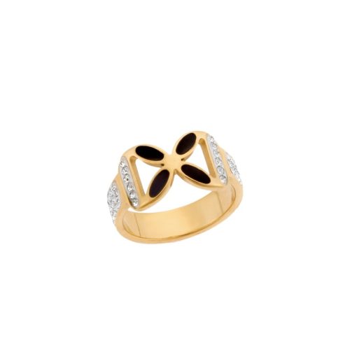 Δαχτυλίδι Senza Gold Plated Steel, Μαύρο λουλούδι με λευκές πέτρες