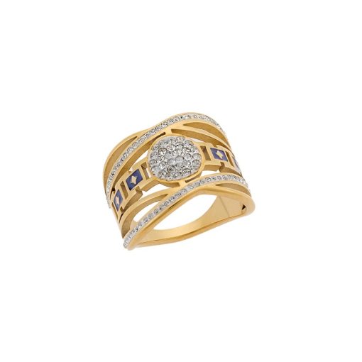 Δαχτυλίδι Senza Gold Plated Steel, Χιαστί φαρδύ με λευκές πέτρες και μπλε σχέδια