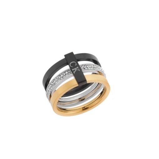 Δαχτυλίδι Senza Gold Plated Steel, Τρίχρωμο με σχέδιο τύπου "CK" και λευκές πέτρες