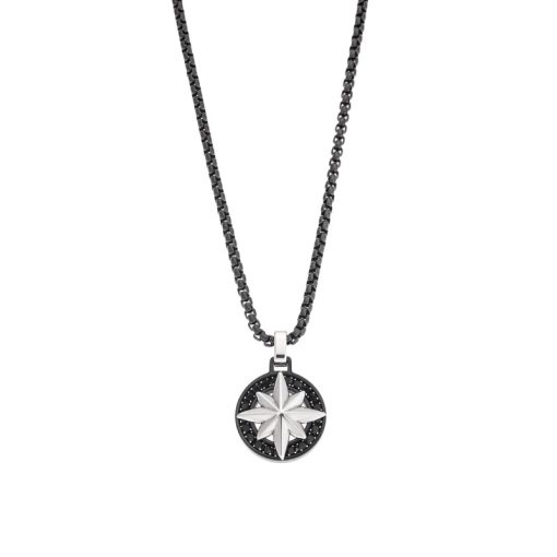 Κολιέ Senza Men's Steel, Δίχρωμη Πυξίδα από Ατσάλι με μαύρη καδένα