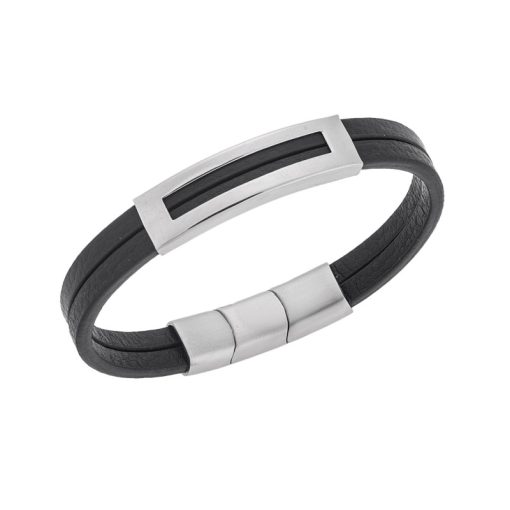 Βραχιόλι Senza Men's Steel Black Leather Strap