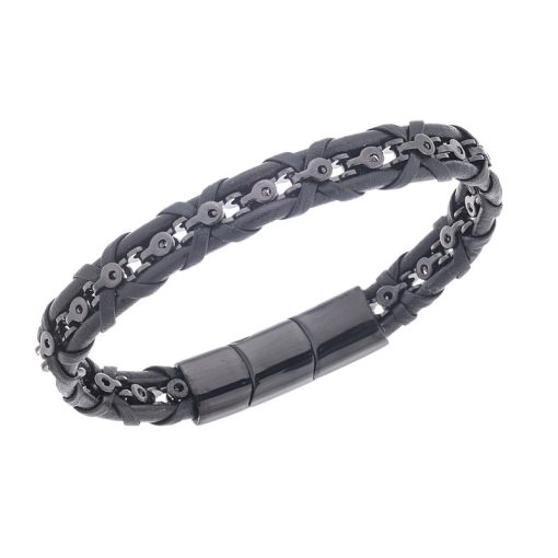 Βραχιόλι Senza Men's Steel Black Leather Strap