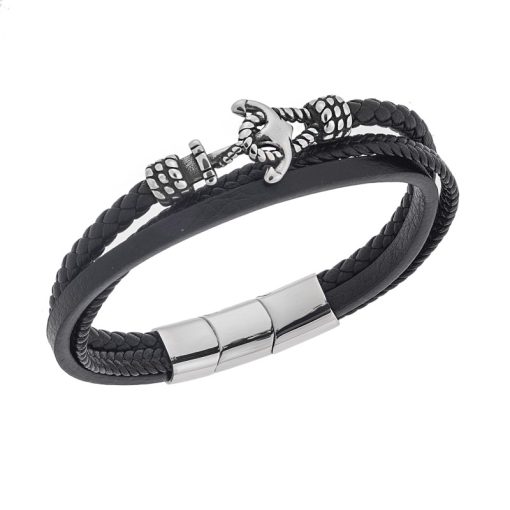 Βραχιόλι Senza Men's Steel Black Leather Strap, τριπλό δέρμα με άγκυρα