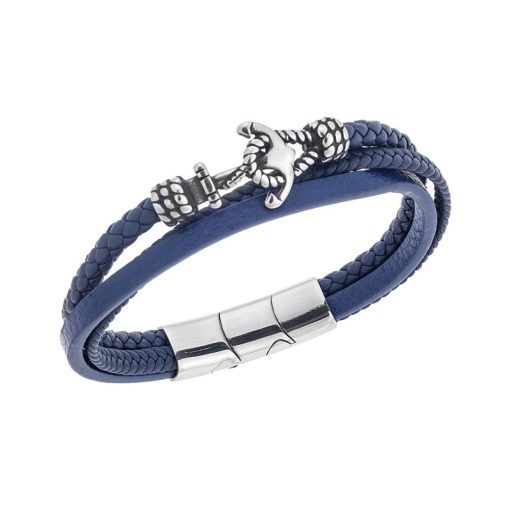 Βραχιόλι Senza Men's Steel Blue Leather Strap, τριπλό δέρμα με άγκυρα