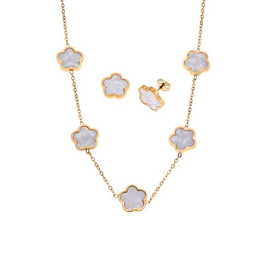 Σετ Γυναικείο Senza Gold Plated Stainless Steel, Κολιέ και σκουλαρίκια με λευκές μαργαρίτες
