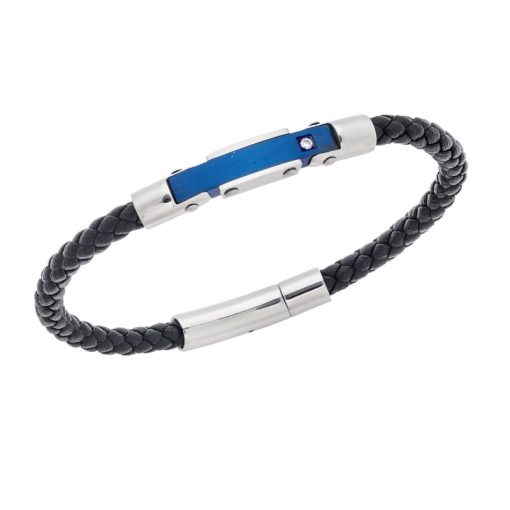 Βραχιόλι Senza Men's Silver&Blue Stainless Steel With Black Leather