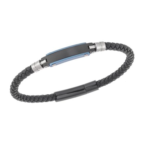 Βραχιόλι Senza Men's Silver & Blue Stainless Steel With Black Leather