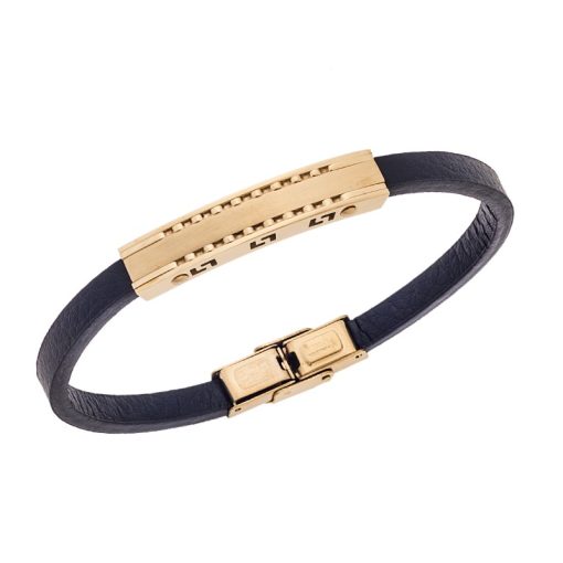 Βραχιόλι Senza Men's Gold Plated Stainless Steel With Black Leather
