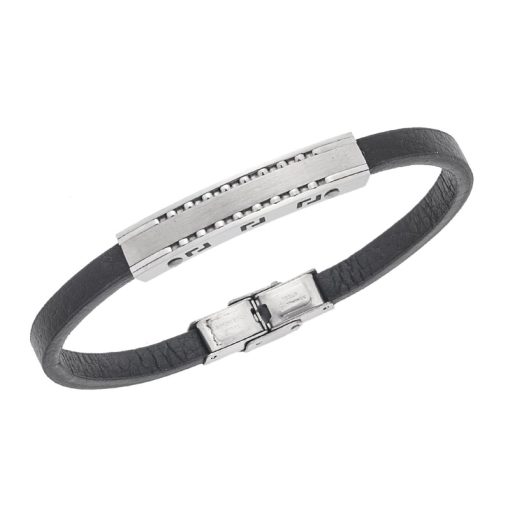 Βραχιόλι Senza Men's Silver Stainless Steel With Black Leather