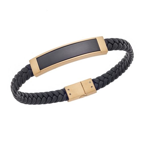 Βραχιόλι Senza Men's Gold Plated Stainless Steel With Black Leather