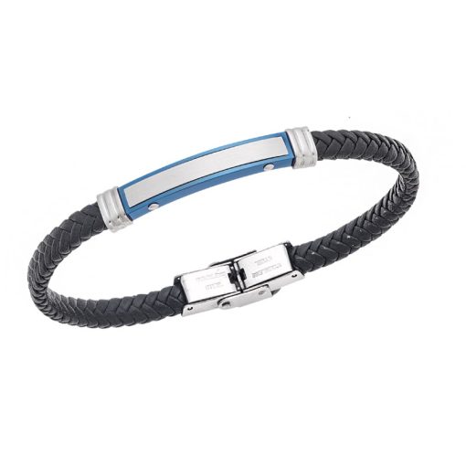 Βραχιόλι Senza Men's Silver&Blue Stainless Steel With Black Leather
