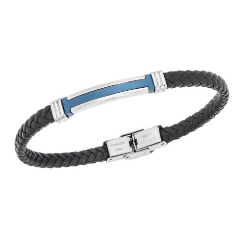 Βραχιόλι Senza Men's Silver&Blue Stainless Steel With Black Leather