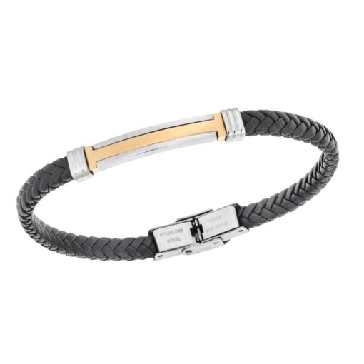 Βραχιόλι Senza Men's Silver&Gold Stainless Steel With Black Leather