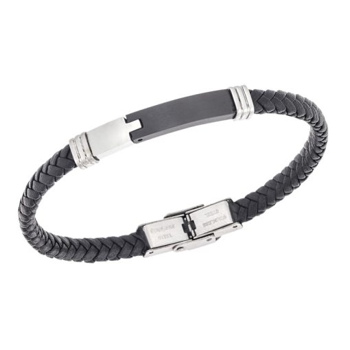 Βραχιόλι Senza Men's Silver&Black Stainless Steel With Black Leather