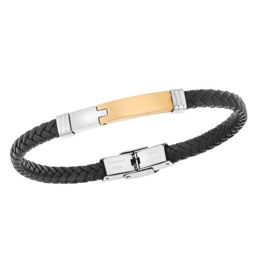 Βραχιόλι Senza Men's Silver&Gold Stainless Steel With Black Leather