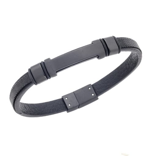 Βραχιόλι Senza Men's Black Stainless Steel With Black Leather