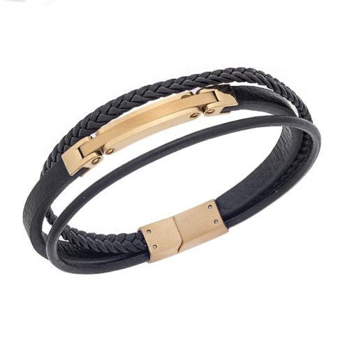 Βραχιόλι Senza Men's Gold Plated Stainless Steel With Black Leather
