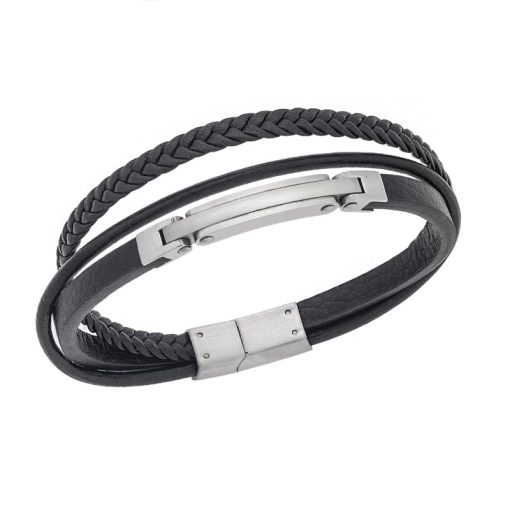 Βραχιόλι Senza Men's Silver Stainless Steel With Black Leather