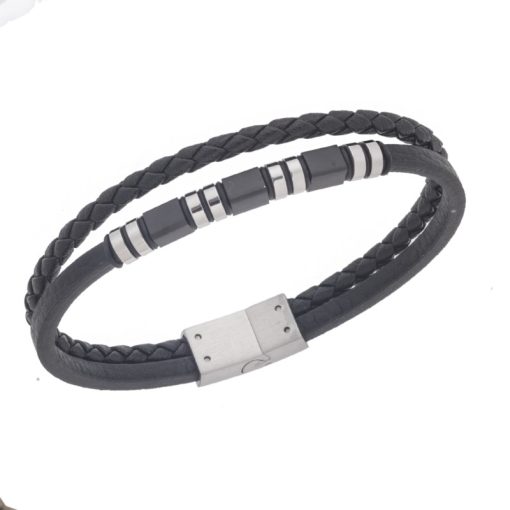 Βραχιόλι Senza Men's Silver&Black Stainless Steel With Black Leather