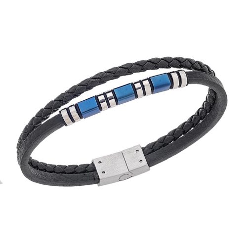 Βραχιόλι Senza Men's Silver&Blue Stainless Steel With Black Leather